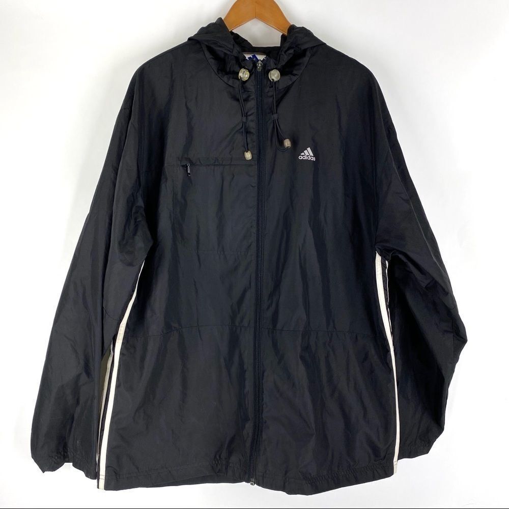 Adidas Old School Windbreaker Zip Up Jacket L Hooded Pockets